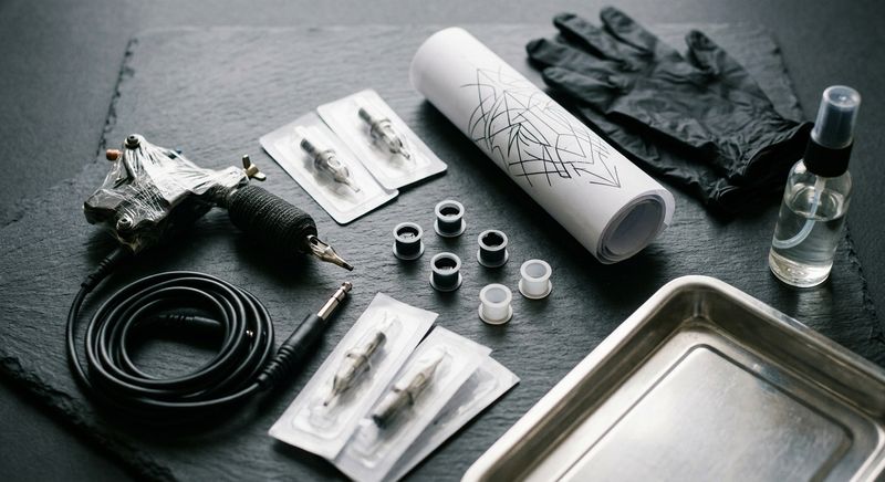 Tattoo tools laid out on dark slate: wrapped machine, sealed cartridges, ink caps, stencil, and black gloves