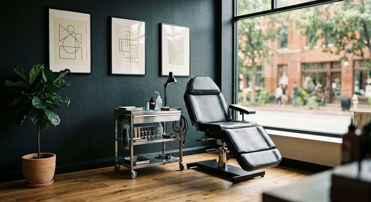 Tattoo studio interior with a black leather chair, steel workstation, and framed line-art prints on a dark wall