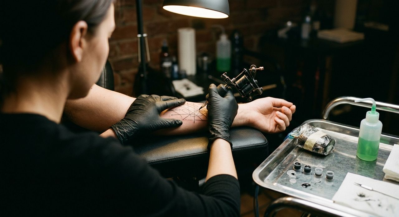 Tattoo artist in black gloves stencilling geometric line work on a client's forearm under a warm task lamp